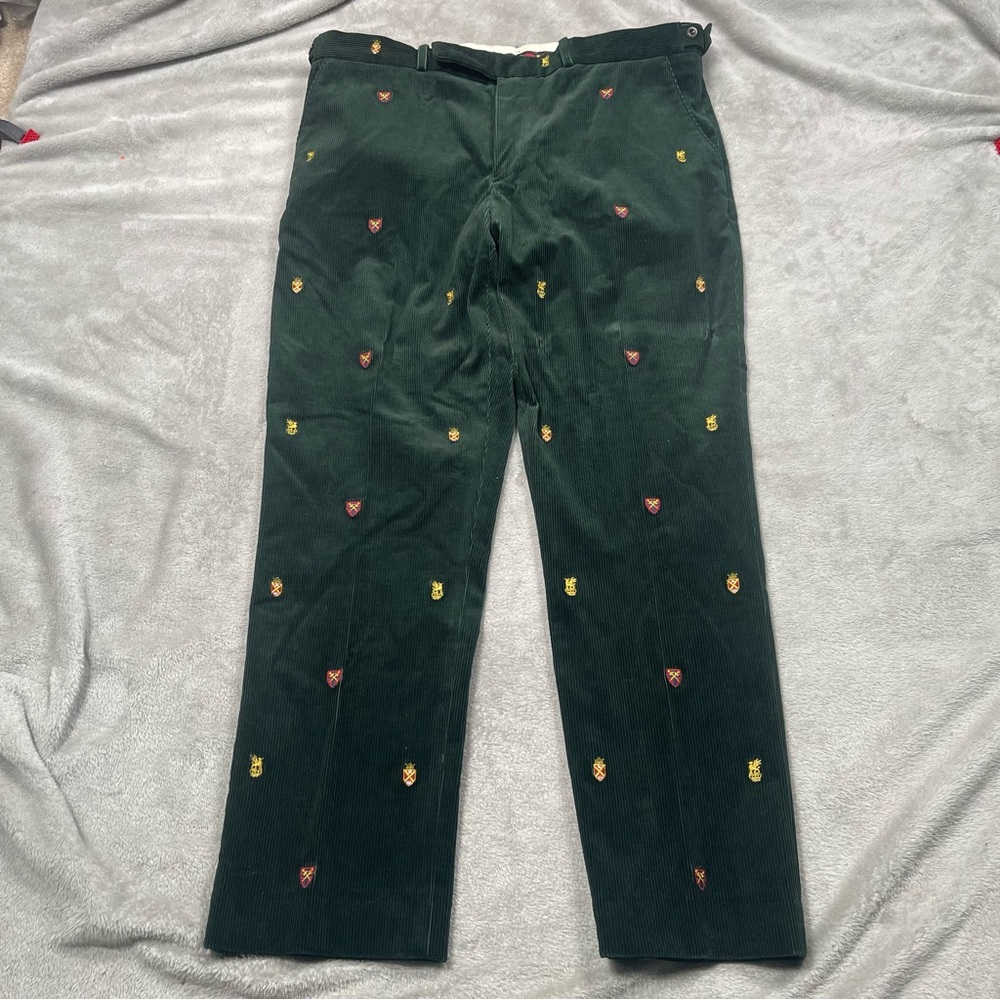VTG Polo Ralph Lauren Corduroy Pants Mens 38x31 Crest All Over Print AOP Green